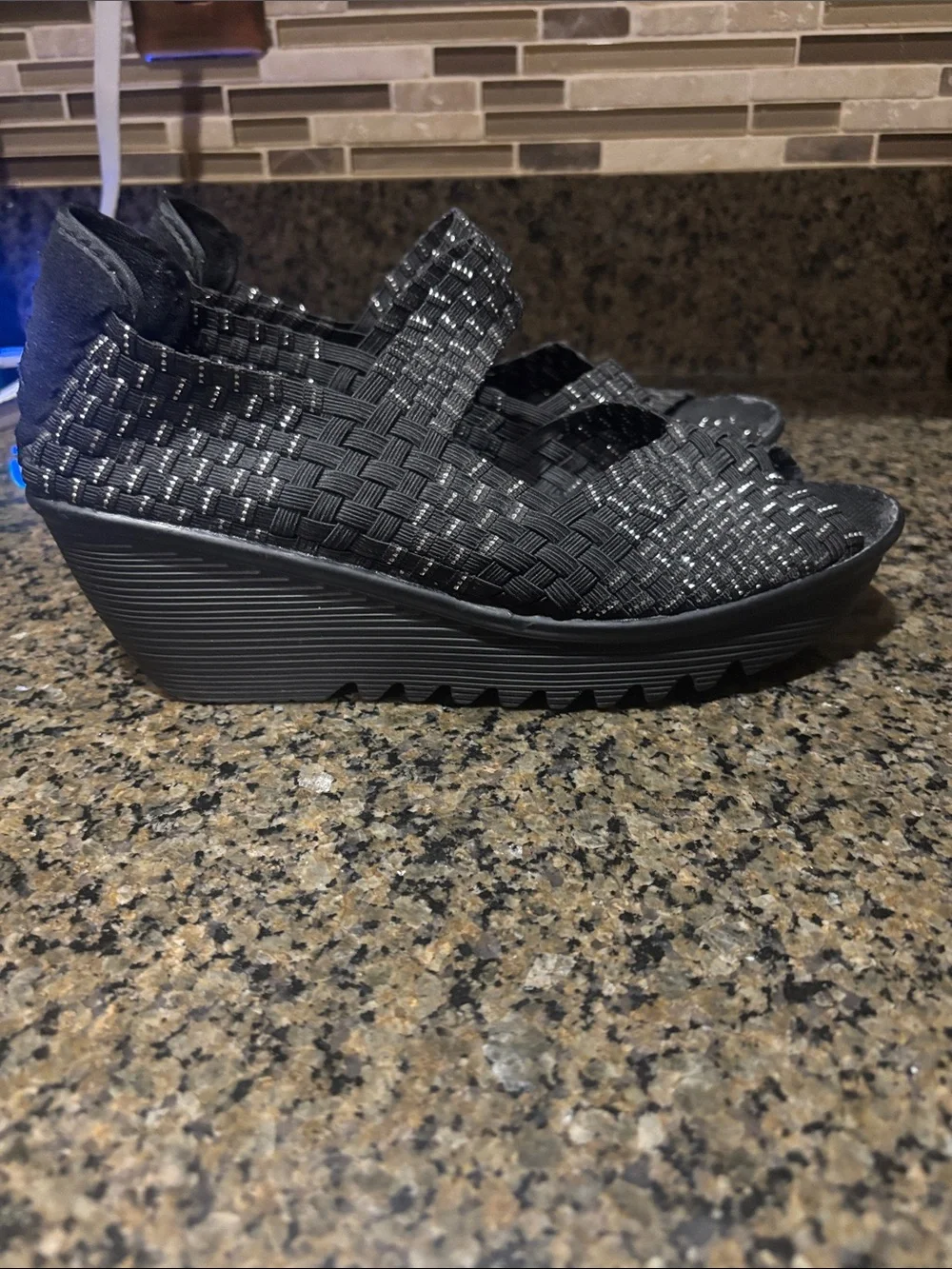 bernie mev. Black & Silver Woven Wedge Sandals